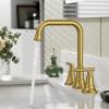 imageFORIOUS Black Bathroom Faucet for Sink 3 HoleWidespread Matte Black Bathroom Sink Faucets2 Handles RV Bathroom Faucets Vanity with Pop Up Drain and Supply HosesBrushed Gold