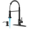 imageFORIOUS Black Kitchen Faucet with Soap Dispenser Stainless Steel Single Handle Modern Spring Commercial Sink Faucet with Pull Down Sprayer for Laundry ampamp Utility Room RV Camp Bar FarmhouseMatte Black
