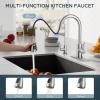 imageFORIOUS Black Kitchen Faucet with Soap Dispenser and Pull Down Sprayer Bar High Arc Single Handle Classic 3 Modes Stainless Steel Faucet for Kitchen Sink Farmhouse RV Laundry CamperStainless Steel
