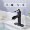 imageFORIOUS Black and Brushed Nickel Waterfall Bathroom Faucet 1 Hole Single Handle Antique Bathroom Sink Faucet with Deck Plate CUPC Hose and Metal Popup Drain for Farmhouse Lavatory VanityMatte Black