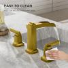 imageFORIOUS Brass Matte Black Commercial Bathroom Faucets 3 Hole Waterfall Modern Widespread 8 Inch Bathroom Sink Faucet with Metal Popup Drain and PreAssembled Hose for Vanity RestroomBathtubBrushed Gold