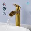 imageFORIOUS Brushed Gold Brass Vessel Sink Faucet Single Handle 11quot Tall Waterfall Bathroom Sink Faucet 1 Hole with Metal Popup Drain and UPC Hose for Vanity RV RestroomBrushed Gold