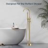imageFORIOUS Free Standing Tub Faucet Tub Filler Freestanding Bathtub Filler Floor Mount Brass Bath Shower Faucets Standing with High Flow Swivel Spout and Handheld Shower Mixer Taps Brushed GoldBrushed Gold