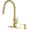 imageFORIOUS Kitchen Faucet with Pull Down Sprayer Brushed Nickel High Arc Modern Classic Sink Faucet Stainless Steel with Deck Plate Fit for 1 or 3 Hole for Pot Filler Bar Farmhouse Laundry RvBrushed Gold