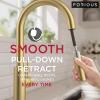 imageFORIOUS Kitchen Faucet with Pull Down Sprayer Classic Brushed Nickel Single Handle High Arc Stainless Steel Kitchen Sink Faucet 1 or 3 Hole Deck Mount for RV Bar Farmhouse Laundry OutdoorGold