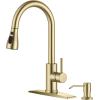 imageFORIOUS Kitchen Faucets with Water Filter 2 in 1 Stainless Steel Pull Down Sink Faucet and Purfied Water Faucet High Arc Single Handle with Detachable Deck for 1 or 3 Hole Brushed NickelGold