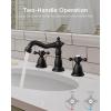 imageFORIOUS Matte Black 3 Hole Brass Vintage Farmhouse Bathroom Faucet 8 Inch Widespread Bathroom Faucets 2 Cross Handles with Metal Pop Up Drain and Supply Hoses for RV VanityBlack