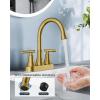 imageFORIOUS Matte Black Bathroom Sink Faucet 4 Inch Centerset Bathroom Faucet 2 or 3 Hole with Pop up Drain and cUPC Hose Two Handles Control 360 spout for RestroomVanity RvBrushed Gold