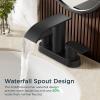 imageFORIOUS Matte Black Bathroom Sink Faucet Waterfall 4 Inch Centerset Bathroom Faucets with Metal Pop up Drain and cUPC Hose for BasinVanity Rv Lavatory 2 or 3 Hole SinkMatte Black