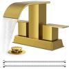 imageFORIOUS Matte Black Bathroom Sink Faucet Waterfall 4 Inch Centerset Bathroom Faucets with Metal Pop up Drain and cUPC Hose for BasinVanity Rv Lavatory 2 or 3 Hole SinkBrushed Gold