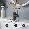 imageFORIOUS Single Handle Bathroom Sink Faucet 1 or 3 Hole Brushed Nickle 360 Swivel Gooseneck Spout LeadFree with cUPC Hose and Metal Pop Up Drain Suitable for Bar Kitchen RV VanityBlackGold
