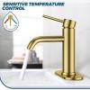 imageFORIOUS Single Hole Bathroom Faucets 1 Handle Chrome Bathroom Sink Faucet with Metal Pop up Drain and Supply Hose Suitable for Vanity Lavatory Restroom RemodelBrushed Gold