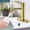 imageFORIOUS Single Hole Bathroom Faucets 1 Handle Chrome Bathroom Sink Faucet with Metal Pop up Drain and Supply Hose Suitable for Vanity Lavatory Restroom RemodelBrushed Gold