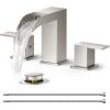 imageFORIOUS Square Brushed Gold Bathroom Faucets 3 Hole Waterfall 8 Inch Widespread Bathroom Sink Faucet with Metal Popup Drain and Supply Lines Two Handles for Vanity Lavatory RestroomStainless Steel