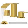 imageFORIOUS Square Matte Black Bathroom Faucets 3 Hole Waterfall 8 Inch Widespread Bathroom Sink Faucet with Metal Popup Drain and Supply Lines Two Handles for Vanity RV FarmhouseBrushed Gold