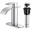 imageFORIOUS Waterfall Bathroom Faucet 1 Hole Brushed Nickel Single Handle Bathroom Sink Faucets for 1 or 3 Hole with Deck Plate Metal Pop up Drain cUPC Hoses for Vanity Basin Rv Lavatory SinkChrome