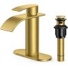 imageFORIOUS Waterfall Bathroom Faucet 1 Hole Brushed Nickel Single Handle Bathroom Sink Faucets for 1 or 3 Hole with Deck Plate Metal Pop up Drain cUPC Hoses for Vanity Basin Rv Lavatory SinkGold