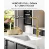 imageFORIOUS Waterfall Kitchen Faucet with Pull Down Sprayer 5 Spout Modes Brushed Nickel Stainless Steel Single Handle 360 Swivel Kitchen Sink Faucet with Deck Plate for 1 or 3 Hole for Bar FarmhouseGold