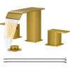 imageFORIOUS Widespread Bathroom Sink Faucet 3 Hole Brushed Nickel 2 Handles Waterfall Bathroom Faucet with Metal Popup Drain and 24quot Hot and Cold Water Hoses Suitable for Vanity RV RestroomBrushed Gold