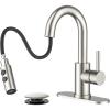 imageFORIOUS Bathroom Faucet 1 Hole with Pull Down Sprayer 3 Hole Brushed Nickel Bathroom Sink Faucet with Pop Up Drain for RV Bar Laundry Vanity Utility Sink Remodel Single Handle DesignStainless Steel