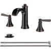 imageFORIOUS Black Bathroom Faucet 3 Hole 2 Handle Brass 8 Inch Widespread Matte Black Bathroom Sink Faucet Waterfall with Popup Drain and CUPC Flexible Hoses Vanity Tap 3 HolesOil Rubbed Bronze