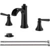 imageFORIOUS Black Bathroom Faucet 3 Hole 2 Handle Brass 8 Inch Widespread Matte Black Bathroom Sink Faucet Waterfall with Popup Drain and CUPC Flexible Hoses Vanity Tap 3 HolesMatte Black