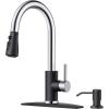 imageFORIOUS Black Kitchen Faucet with Soap Dispenser and Pull Down Sprayer Bar High Arc Single Handle Classic 3 Modes Stainless Steel Faucet for Kitchen Sink Farmhouse RV Laundry CamperBlackChrome