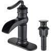 imageFORIOUS Black and Brushed Nickel Waterfall Bathroom Faucet 1 Hole Single Handle Antique Bathroom Sink Faucet with Deck Plate CUPC Hose and Metal Popup Drain for Farmhouse Lavatory VanityMatte Black