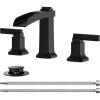 imageFORIOUS Brass Matte Black Commercial Bathroom Faucets 3 Hole Waterfall Modern Widespread 8 Inch Bathroom Sink Faucet with Metal Popup Drain and PreAssembled Hose for Vanity RestroomBathtubMatte Black