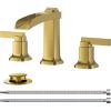 imageFORIOUS Brass Matte Black Commercial Bathroom Faucets 3 Hole Waterfall Modern Widespread 8 Inch Bathroom Sink Faucet with Metal Popup Drain and PreAssembled Hose for Vanity RestroomBathtubBrushed Gold