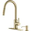 imageFORIOUS Kitchen Faucet with Soap Dispenser Brushed Gold Single Handle Stainless Steel Transitional Sink Faucet with Pull Down Sprayer 1 or 3 Hole Suitable for Farmhouse Laundry Camper RV Bar