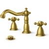 imageFORIOUS Matte Black 3 Hole Brass Vintage Farmhouse Bathroom Faucet 8 Inch Widespread Bathroom Faucets 2 Cross Handles with Metal Pop Up Drain and Supply Hoses for RV VanityGold