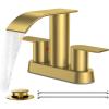 imageFORIOUS Matte Black Bathroom Sink Faucet Waterfall 4 Inch Centerset Bathroom Faucets with Metal Pop up Drain and cUPC Hose for BasinVanity Rv Lavatory 2 or 3 Hole SinkBrushed Gold