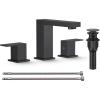 imageFORIOUS Matte Black Bathroom Vanity Faucet 3 Hole 8 Inch Widespread Square Bathroom Sink Faucet with Metal PopUp Drain and cUPC Supply Lines Included for Restroom Lavatory Basin SinkMatte Black