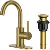 imageFORIOUS Single Handle Bathroom Sink Faucet 1 or 3 Hole Brushed Nickle 360 Swivel Gooseneck Spout LeadFree with cUPC Hose and Metal Pop Up Drain Suitable for Bar Kitchen RV VanityGold