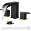 imageFORIOUS Square Brushed Gold Bathroom Faucets 3 Hole Waterfall 8 Inch Widespread Bathroom Sink Faucet with Metal Popup Drain and Supply Lines Two Handles for Vanity Lavatory RestroomBlack and Gold