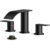 imageFORIOUS Upgrade Black Waterfall Bathroom Faucets 3 Hole Widespread 8 Inch Sleek Bathroom Sink Faucet with Metal Popup Drain and Supply Lines Two Handles for Vanity Farmhouse RemodelMatte Black