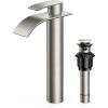 imageFORIOUS Waterfall Bathroom Faucet 1 Hole Brushed Nickel Single Handle Bathroom Sink Faucets for 1 or 3 Hole with Deck Plate Metal Pop up Drain cUPC Hoses for Vanity Basin Rv Lavatory SinkStainless Steel