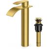 imageFORIOUS Waterfall Bathroom Faucet 1 Hole Brushed Nickel Single Handle Bathroom Sink Faucets for 1 or 3 Hole with Deck Plate Metal Pop up Drain cUPC Hoses for Vanity Basin Rv Lavatory SinkGold
