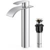 imageFORIOUS Waterfall Bathroom Faucet 1 Hole Brushed Nickel Single Handle Bathroom Sink Faucets for 1 or 3 Hole with Deck Plate Metal Pop up Drain cUPC Hoses for Vanity Basin Rv Lavatory SinkChrome
