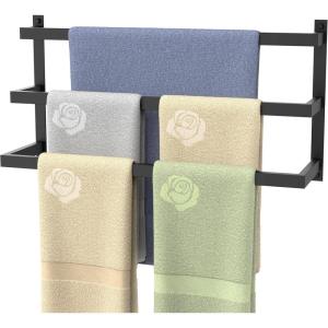 imageFORIOUS 3Tier Towel Bar Wall Mounted 24 Inch Towel Rack for Bathroom HeavyDuty 304 Stainless Steel Towel Rod Holder Space Saving Design Towel Hanger Rail Matte BlackMatte Black