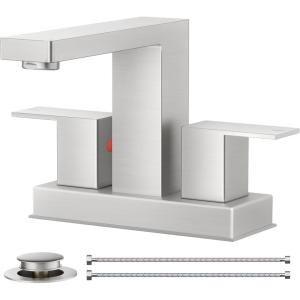 imageFORIOUS 4 Inch Bathroom Faucet Centerset Black 2 Hole Square Matte Black Centerset Bathroom Sink Faucet 4quot with Metal Pop Up Drain 24quot CUPC Hose and Spare Water Saving AeratorStainless Steel