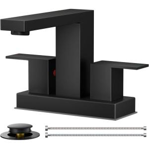 imageFORIOUS 4 Inch Bathroom Faucet Centerset Black 2 Hole Square Matte Black Centerset Bathroom Sink Faucet 4quot with Metal Pop Up Drain 24quot CUPC Hose and Spare Water Saving AeratorMatte Black