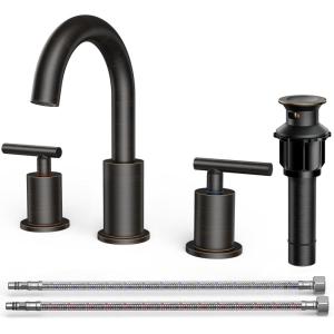 imageFORIOUS 4 Inch Centerset Bathroom Faucet Black 2 Hole Two Handle Matte Black Faucet for Bathroom Sink with Metal Dain 24quot Supply Line and 360 Rotating Spout of 4quot VanityOil Rubbed Bronze