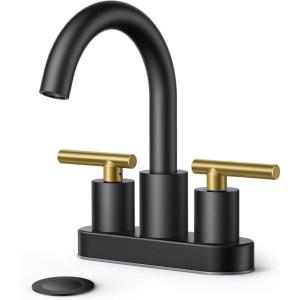 imageFORIOUS 4 Inch Centerset Bathroom Faucet Black 2 Hole Two Handle Matte Black Faucet for Bathroom Sink with Metal Dain 24quot Supply Line and 360 Rotating Spout of 4quot VanityBlackGold