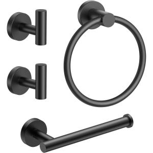 imageFORIOUS 4 Piece Black Bathroom Accessories SUS304 Stainless Steel Toilet Paper Holder and Hand Towel Holder Set Wall Mounted Bathroom Hardware Set with Towel Ring and 2 HooksMatte Black