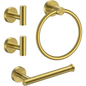 imageFORIOUS 4 Piece Black Bathroom Accessories SUS304 Stainless Steel Toilet Paper Holder and Hand Towel Holder Set Wall Mounted Bathroom Hardware Set with Towel Ring and 2 HooksDark Gold