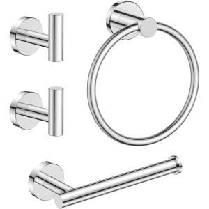 imageFORIOUS 4 Piece Black Bathroom Accessories SUS304 Stainless Steel Toilet Paper Holder and Hand Towel Holder Set Wall Mounted Bathroom Hardware Set with Towel Ring and 2 HooksChrome