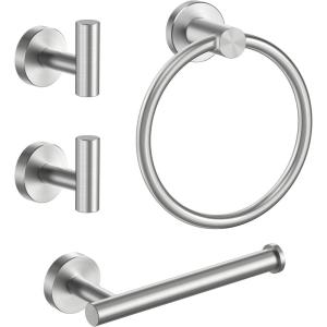 imageFORIOUS 4 Piece Black Bathroom Accessories SUS304 Stainless Steel Toilet Paper Holder and Hand Towel Holder Set Wall Mounted Bathroom Hardware Set with Towel Ring and 2 HooksStainless Steel