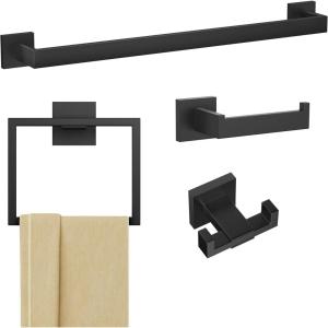 imageFORIOUS 4 Pieces Bathroom Hardware Accessories Set Square 24 inch Towel Bar Set SUS304 Stainless Steel Towel Rack Holder Set Wall Mounted Matte Black